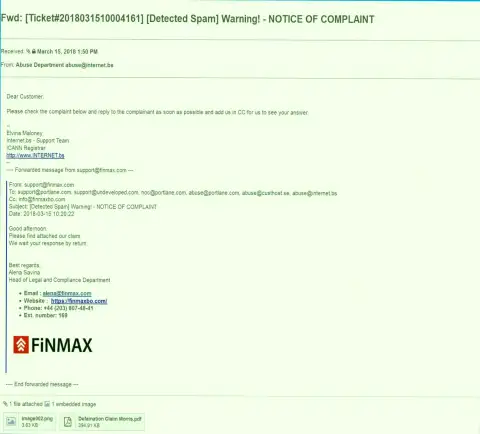 Подобная претензия на официальный интернет-ресурс ФИН МАКС поступила и регистратору доменного имени сайта