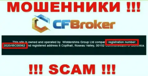 Регистрационный номер интернет обманщиков CFBroker, с которыми очень опасно сотрудничать - 2020/IBC00062