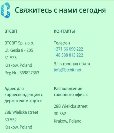Контактные сведения онлайн-обменки BTCBIT Sp. z.o.o