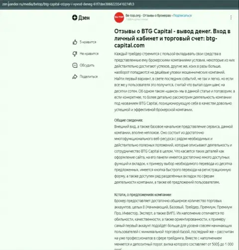 Обзорная статья об дилинговой организации BTG Capital, предоставленная на сервисе дзен яндекс ру