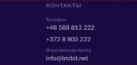 Телефоны и Е-mail организации BTCBit Sp. z.o.o.